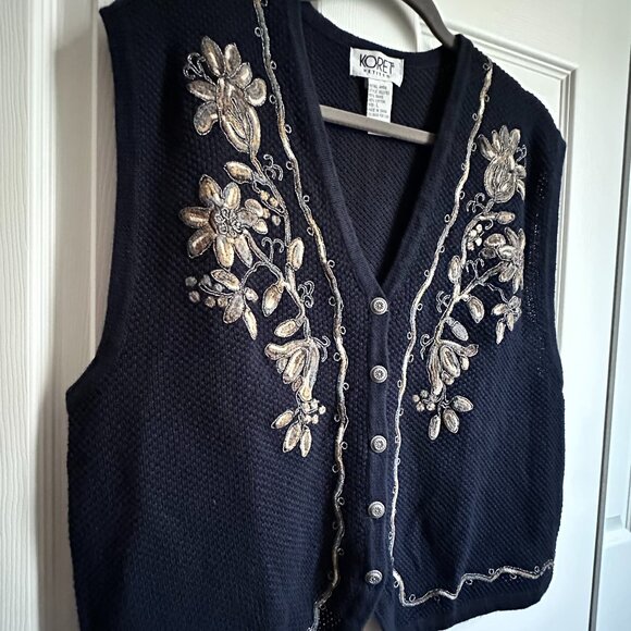 Vintage 90s Koret Petites Large Navy Blue Knit Sweater Vest w Floral Embroidery - Picture 1 of 8